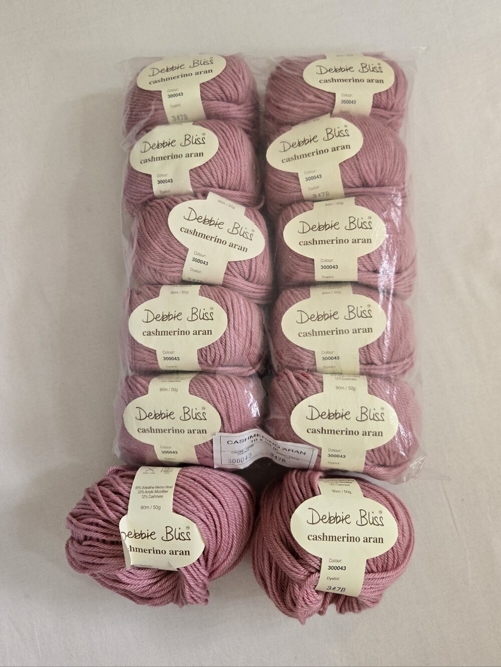DEBBIE BLISS BABY CASHMERINO 12 Skeins Pink #300043 Wool Cashmere Microfiber